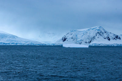 Scenic view of sea and snowcapped mountain against sky