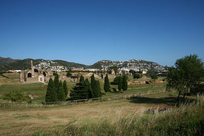 Scenic view of field against clear blue sky