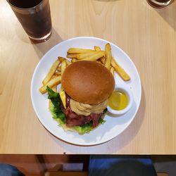 High angle view of food served on table