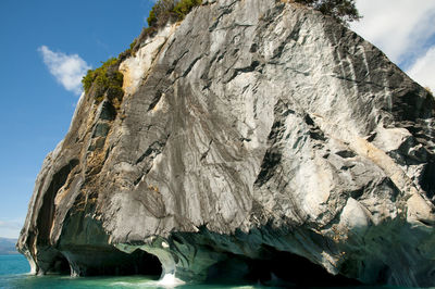 Low angle view of rock formation in sea against sky