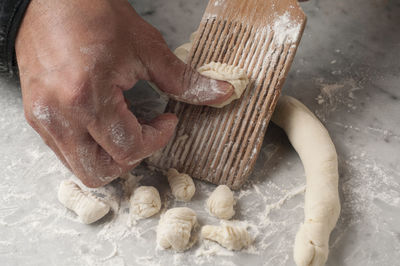 High angle view of man working on wood