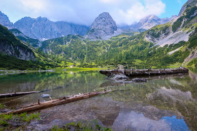 Scenic view of lake and mountains against sky