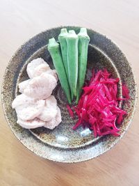 High angle view of meat in plate on table