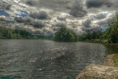 Scenic view of lake against cloudy sky