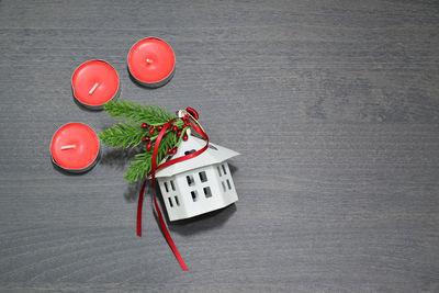 High angle view of red wine on table
