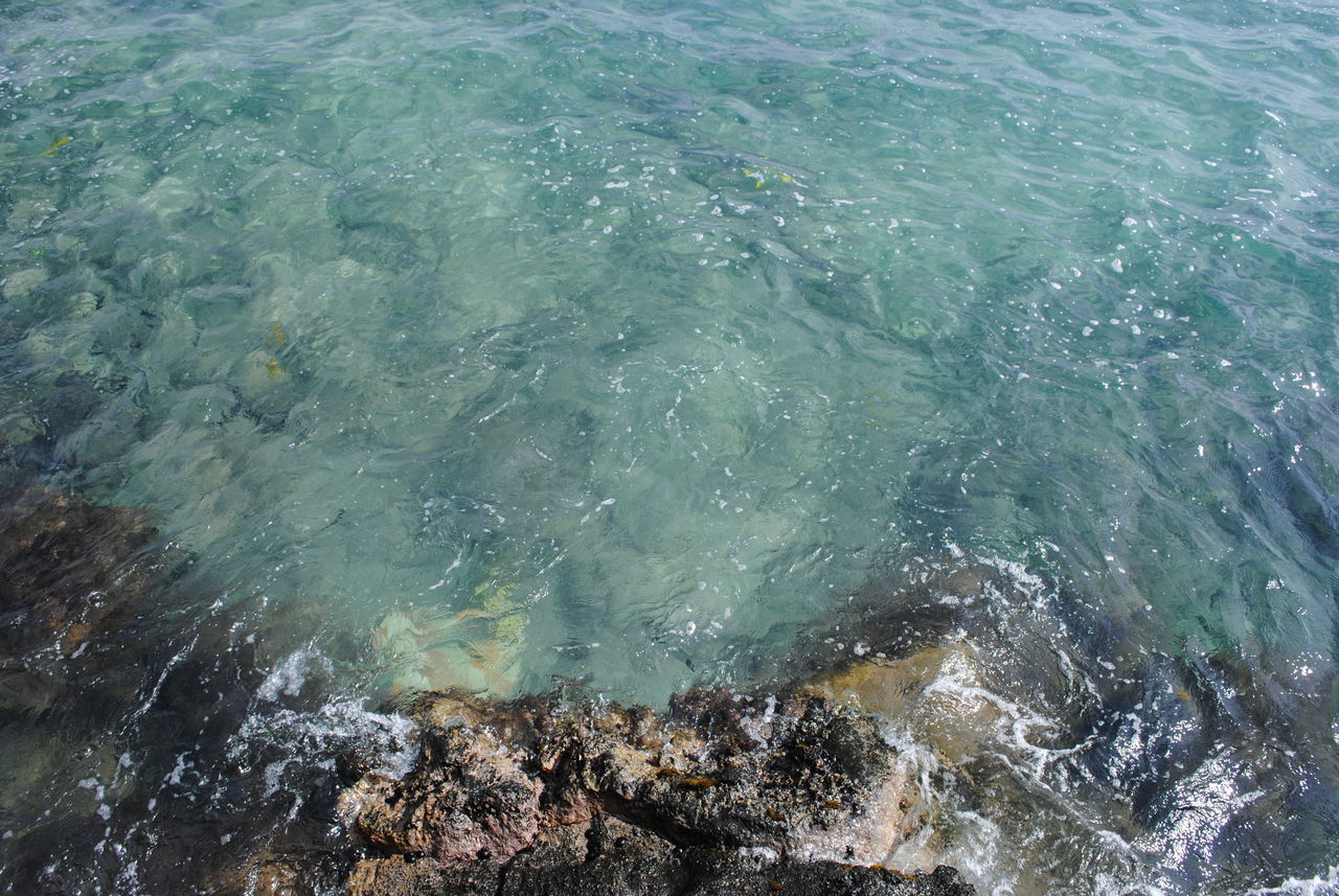 HIGH ANGLE VIEW OF ROCKS IN SEA