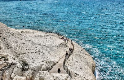 High angle view of beach against blue sky