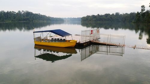 Boat on lake against sky