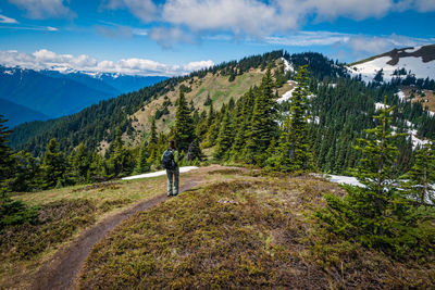 Rear view of man on mountain against sky