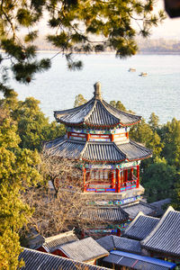 Traditional building by lake