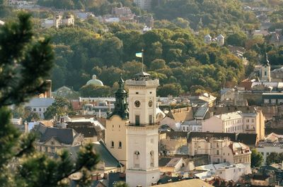 High angle view of buildings in town