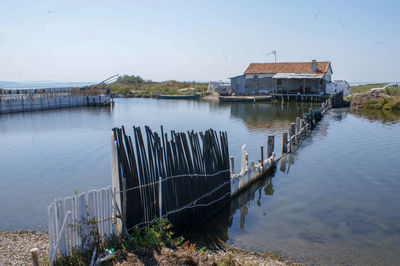 Scenic view of lake by building against sky