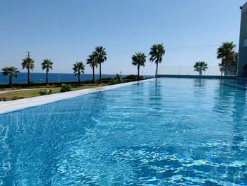 Swimming pool by palm trees against clear blue sky