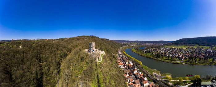 Panoramic view of people on mountain against blue sky