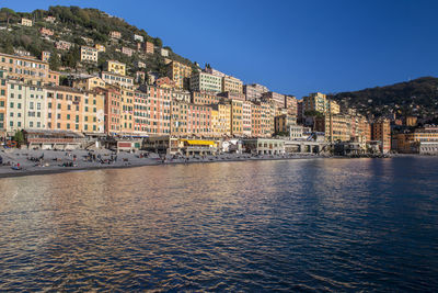 River and townscape against clear sky