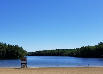 Scenic view of beach against clear blue sky