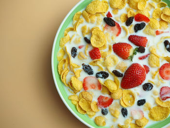 High angle view of fruits in bowl on table