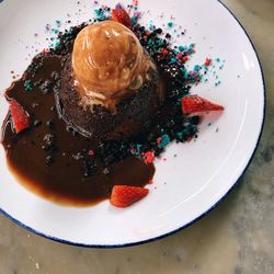 High angle view of dessert in plate on table
