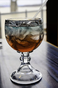 Close-up of beer in glass on table