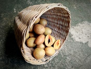 High angle view of fruits in basket on table