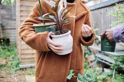 Midsection of person holding ice cream on potted plant