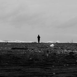 Rear view of man standing on sea against sky