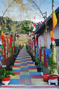 Multi colored flags hanging outside building