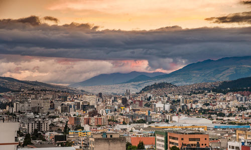 High angle view of townscape against sky during sunset