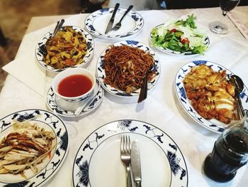 High angle view of meal served on table