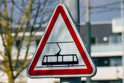 Close-up of road sign against trees in city