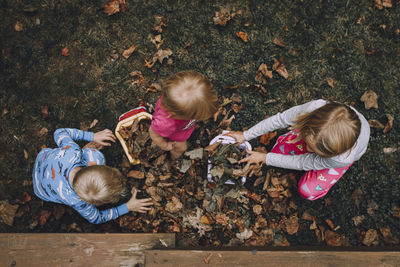 High angle view of girl sitting by autumn leaves