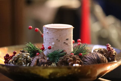 Close-up of christmas decorations on table