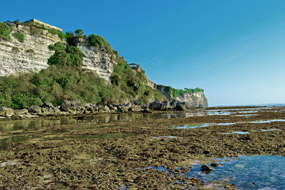 Scenic view of sea against clear blue sky