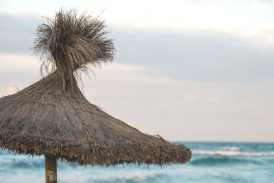 Thatched roof at beach against sky