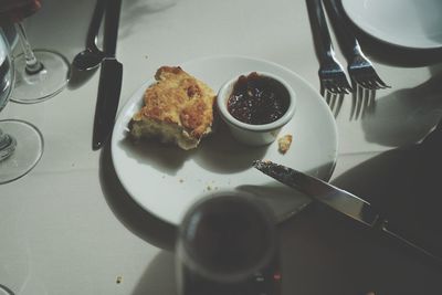 High angle view of breakfast served on table