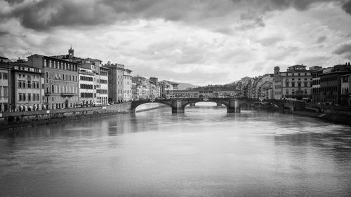 Bridge over river with buildings in background