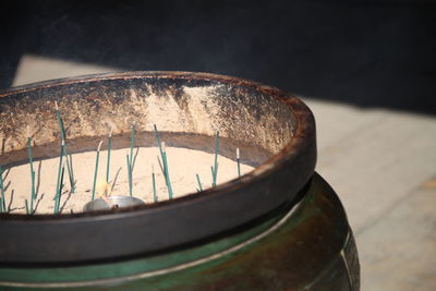 Close-up of old metal container