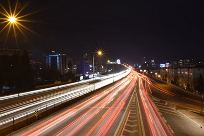 Light trails on road at night