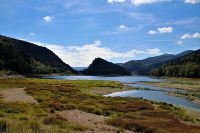 Scenic view of lake and mountains against sky