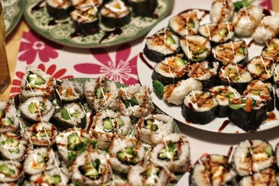 High angle view of sushi on table