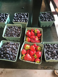 High angle view of strawberries and blueberries in container