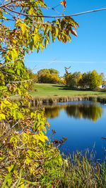Scenic view of lake against clear blue sky