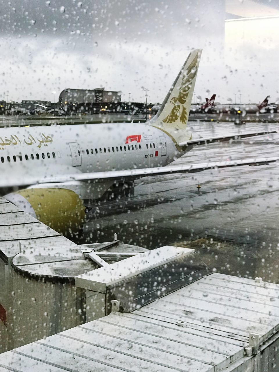 AIRPLANE SEEN THROUGH WET GLASS