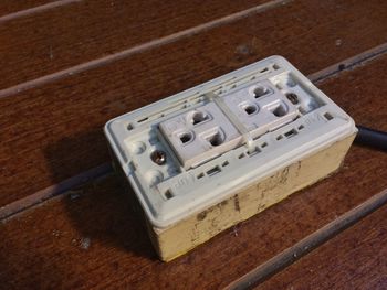 High angle view of telephone on table