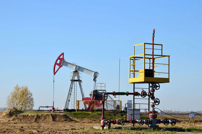 Construction site on field against clear blue sky