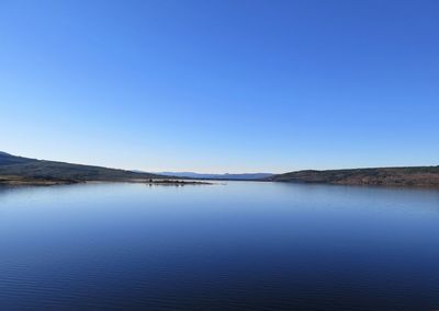 Scenic view of lake against clear blue sky