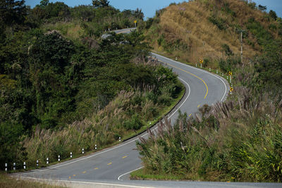 High angle view of winding road amidst trees against sky