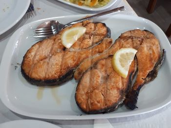 High angle view of breakfast in plate on table