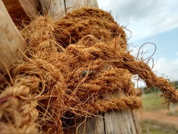 Low angle view of rope on field against sky