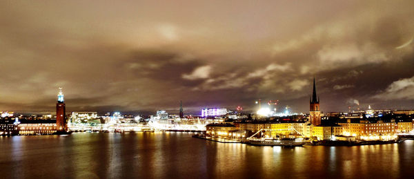 City at waterfront against cloudy sky